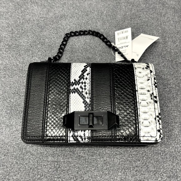 ALDO Crossbody Hand Bag + coin wallet Black & white snake skin print Purse chain - Picture 8 of 16